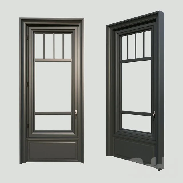 A window in the classical style. The material is dark wood.